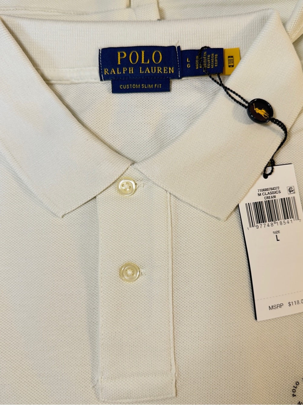 Men’s Polo by Ralph Lauren Cream Short-Sleeve Custom Slim Fit Polo Size L - Picture 10 of 15
